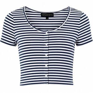Topshop Petite Womens Striped Crop Top Button Front Navy White Tee Sz 6 Nautical